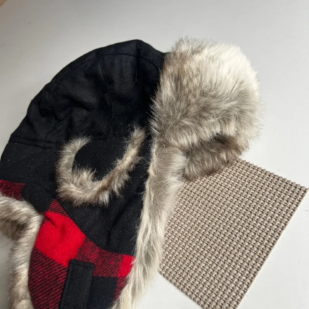 Woolrich Trapper Hat Black Red Buffalo Plaid Faux Fur Ear Flap W6006-RED NWT